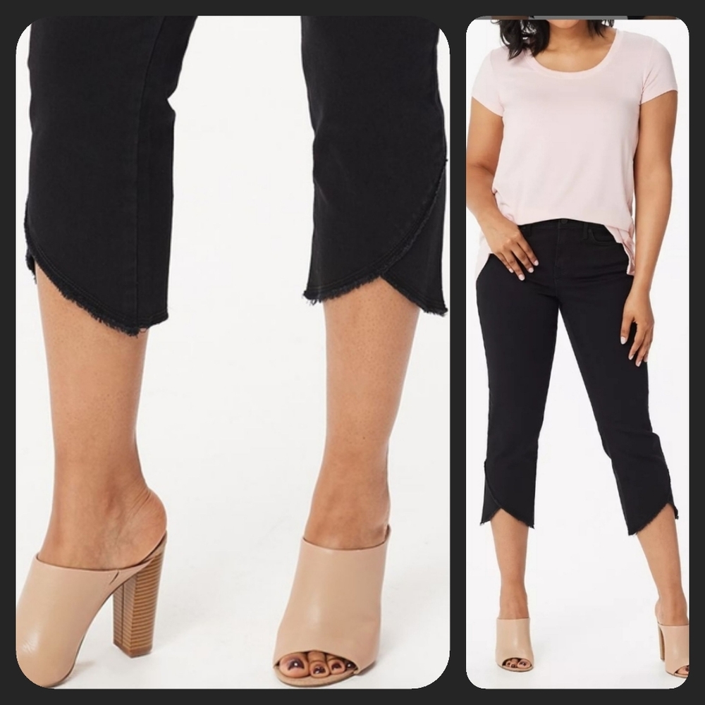 Nwt NYDJ black Capri w criss cross fray Tulip Hem stretch pants jeans MDBACP2391